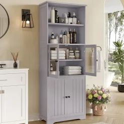 ProximaX Armoire haute salle de bain, porte vitrée et porte bois, 2 étagères ouvertes avec séparateurs réglables, gris