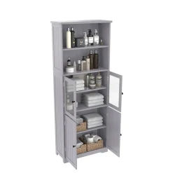 ProximaX Armoire haute salle de bain, porte vitrée et porte bois, 2 étagères ouvertes avec séparateurs réglables, gris