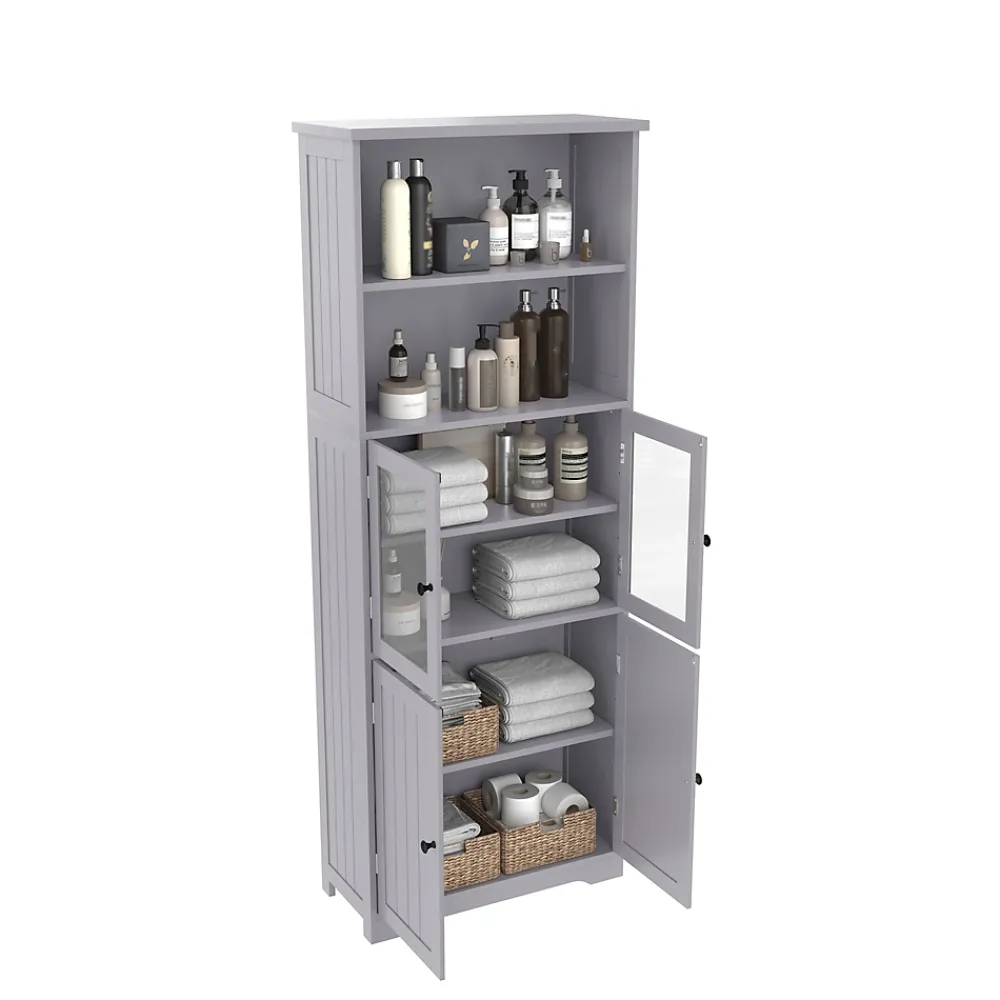 ProximaX Armoire haute salle de bain, porte vitrée et porte bois, 2 étagères ouvertes avec séparateurs réglables, gris