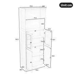 ProximaX Armoire haute salle de bain, porte vitrée et porte bois, 2 étagères ouvertes avec séparateurs réglables, gris