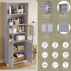 ProximaX Armoire haute salle de bain, porte vitrée et porte bois, 2 étagères ouvertes avec séparateurs réglables, gris