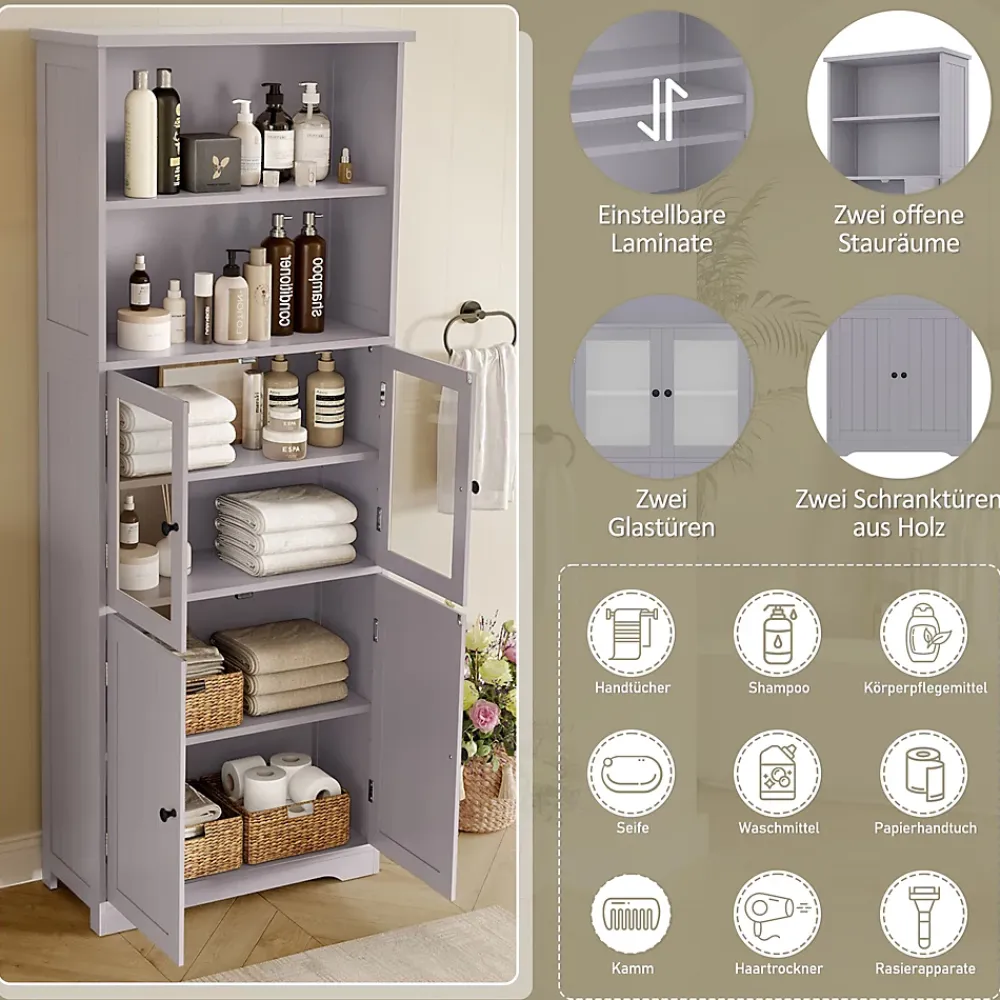 ProximaX Armoire haute salle de bain, porte vitrée et porte bois, 2 étagères ouvertes avec séparateurs réglables, gris