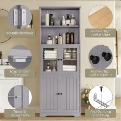 ProximaX Armoire haute salle de bain, porte vitrée et porte bois, 2 étagères ouvertes avec séparateurs réglables, gris