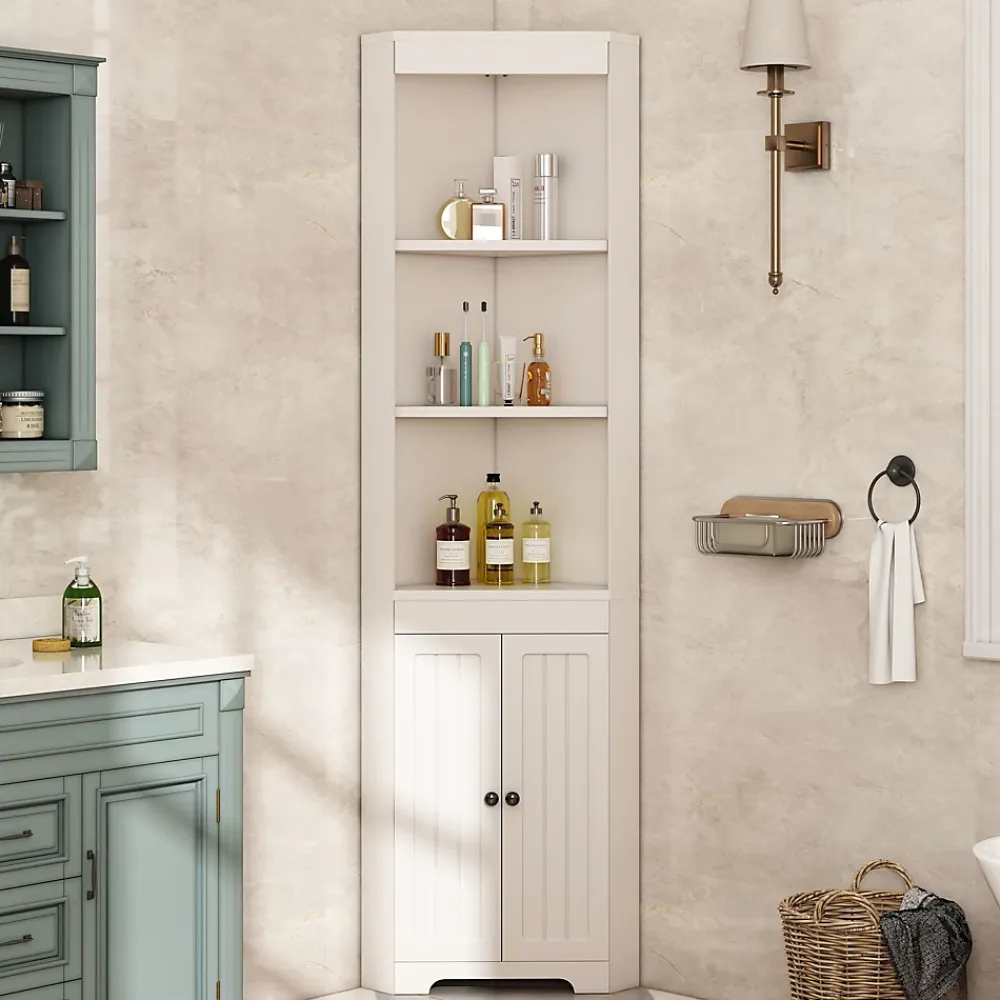 ProximaX Armoire haute salle de bain blanche, 3 compartiments ouverts, portes à charnières résistantes à l'humidité, étagères coulissantes