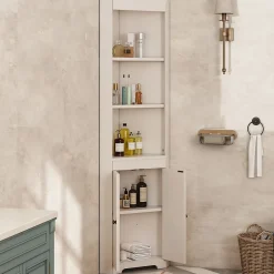 ProximaX Armoire haute salle de bain blanche, 3 compartiments ouverts, portes à charnières résistantes à l'humidité, étagères coulissantes