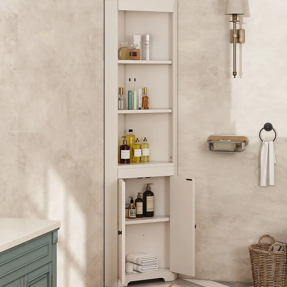 ProximaX Armoire haute salle de bain blanche, 3 compartiments ouverts, portes à charnières résistantes à l'humidité, étagères coulissantes