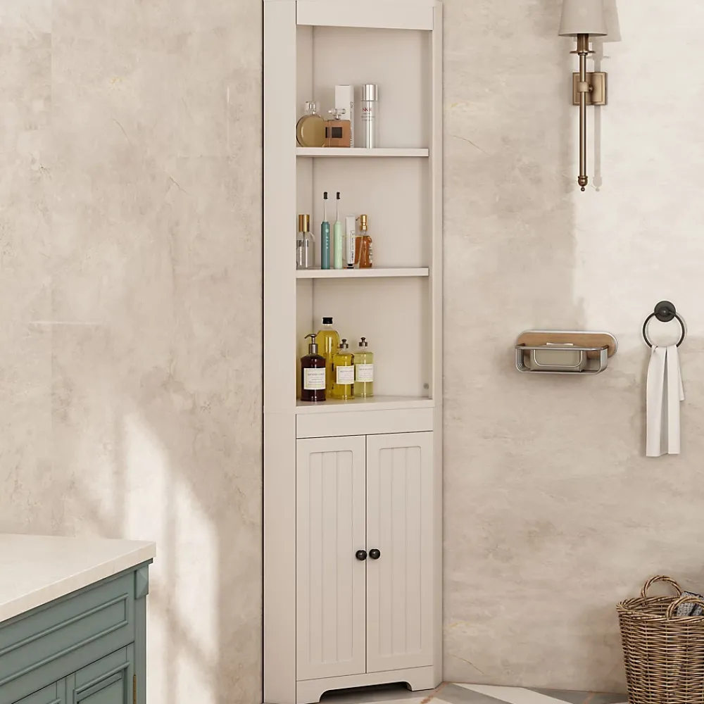 ProximaX Armoire haute salle de bain blanche, 3 compartiments ouverts, portes à charnières résistantes à l'humidité, étagères coulissantes