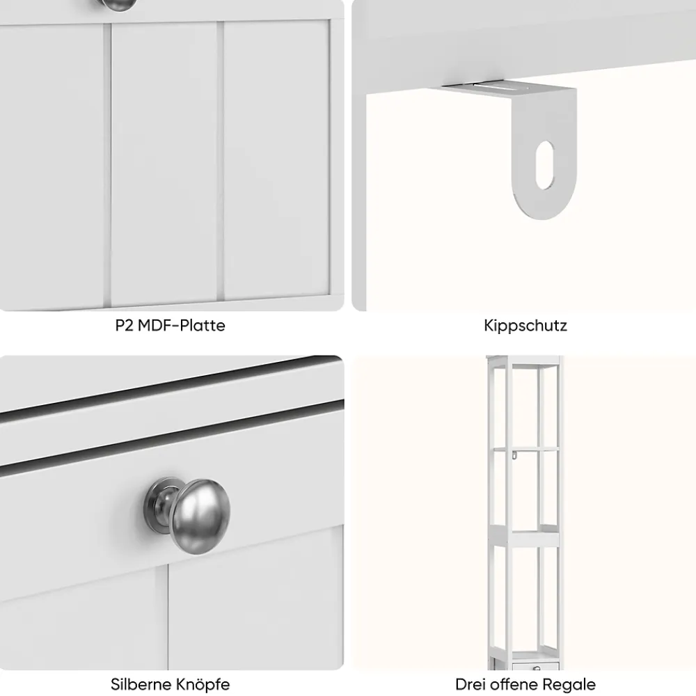 ProximaX Armoire haute étroite, meuble salle de bain autoportant avec 2 tiroirs et 3 étagères, colonne de rangement, Blanc