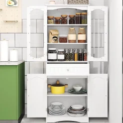 Giantex Armoire Hautede Salle de Bain 160 CM Portes en Verre Trempé Étagères Réglables Grand Tiroir