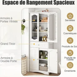 Giantex Armoire Hautede Salle de Bain 160 CM Portes en Verre Trempé Étagères Réglables Grand Tiroir