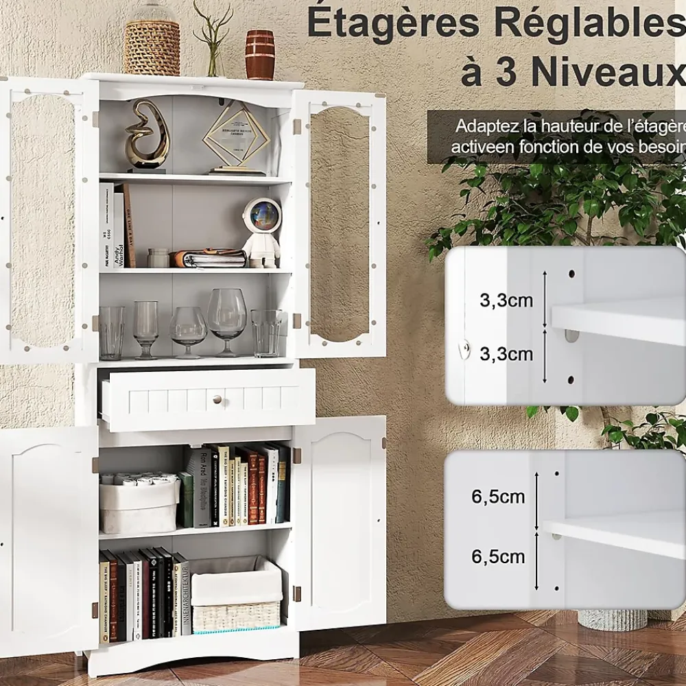 Giantex Armoire Hautede Salle de Bain 160 CM Portes en Verre Trempé Étagères Réglables Grand Tiroir