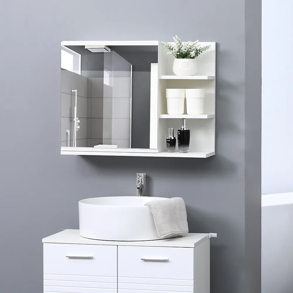 Armoire De Toilette|kleankin Armoire miroir de salle de bain avec étagère - 3 étagères latérales - kit installation murale fourni - panneaux particules blanc