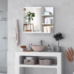Armoire De Toilette|kleankin Armoire miroir de salle de bain avec étagère - 3 étagères latérales - kit installation murale fourni - panneaux particules blanc
