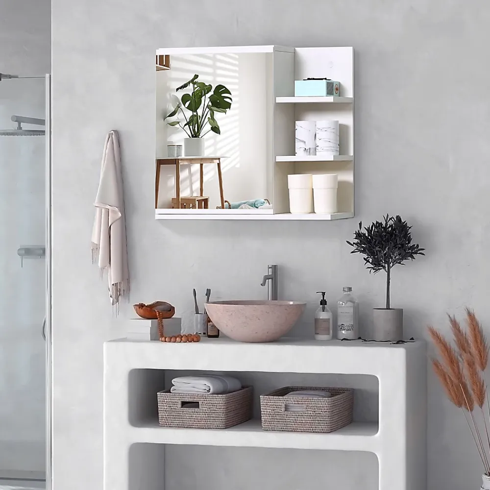 Armoire De Toilette|kleankin Armoire miroir de salle de bain avec étagère - 3 étagères latérales - kit installation murale fourni - panneaux particules blanc