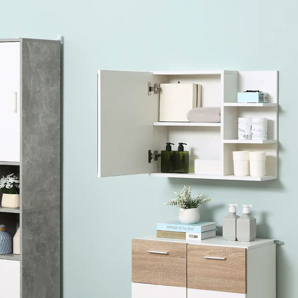 Armoire De Toilette|kleankin Armoire miroir de salle de bain avec étagère - 3 étagères latérales - kit installation murale fourni - panneaux particules blanc