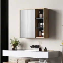 Armoire De Toilette|Homcom Armoire miroir de salle de bain - 2 portes, étagère, 3 niches - dim. 60 x 20 x 60 cm - effet bois clair naturel