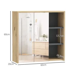 Armoire De Toilette|Homcom Armoire miroir de salle de bain - 2 portes, étagère, 3 niches - dim. 60 x 20 x 60 cm - effet bois clair naturel