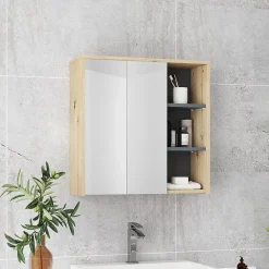 Armoire De Toilette|Homcom Armoire miroir de salle de bain - 2 portes, étagère, 3 niches - dim. 60 x 20 x 60 cm - effet bois clair naturel
