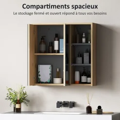 Armoire De Toilette|Homcom Armoire miroir de salle de bain - 2 portes, étagère, 3 niches - dim. 60 x 20 x 60 cm - effet bois clair naturel