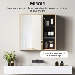 Armoire De Toilette|Homcom Armoire miroir de salle de bain - 2 portes, étagère, 3 niches - dim. 60 x 20 x 60 cm - effet bois clair naturel