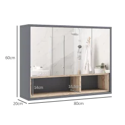 Armoire De Toilette|Homcom Armoire miroir de salle de bain - 3 portes, 3 étagères, 2 niches - dim. 80 x 20 x 60 cm - gris effet bois clair naturel