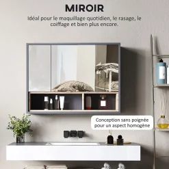 Armoire De Toilette|Homcom Armoire miroir de salle de bain - 3 portes, 3 étagères, 2 niches - dim. 80 x 20 x 60 cm - gris effet bois clair naturel