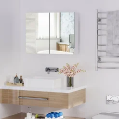 Armoire De Toilette|Homcom Armoire miroir de salle de bain armoire murale double portes et étagères dim. 80L x 15l x 60H cm MDF blanc