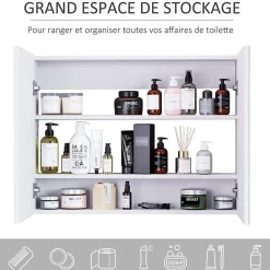Armoire De Toilette|Homcom Armoire miroir de salle de bain armoire murale double portes et étagères dim. 80L x 15l x 60H cm MDF blanc