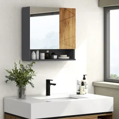 kleankin Armoire miroir de salle de bain - 2 portes, 2 étagères, niche - anthracite aspect bois