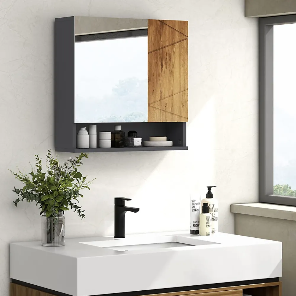 kleankin Armoire miroir de salle de bain - 2 portes, 2 étagères, niche - anthracite aspect bois