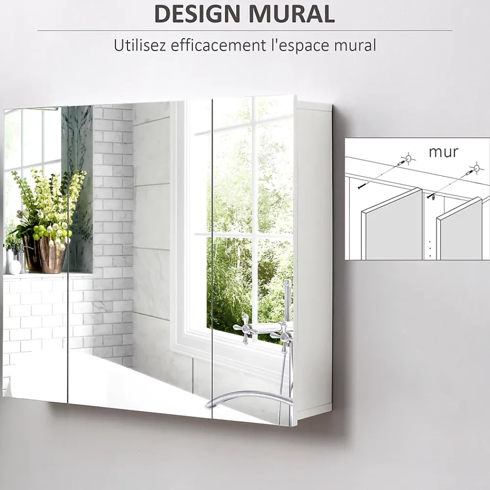 Armoire De Toilette|kleankin Armoire miroir de salle de bain armoire murale 3 portes 2 étagères dim. 70L x 15l x 60H cm MDF blanc