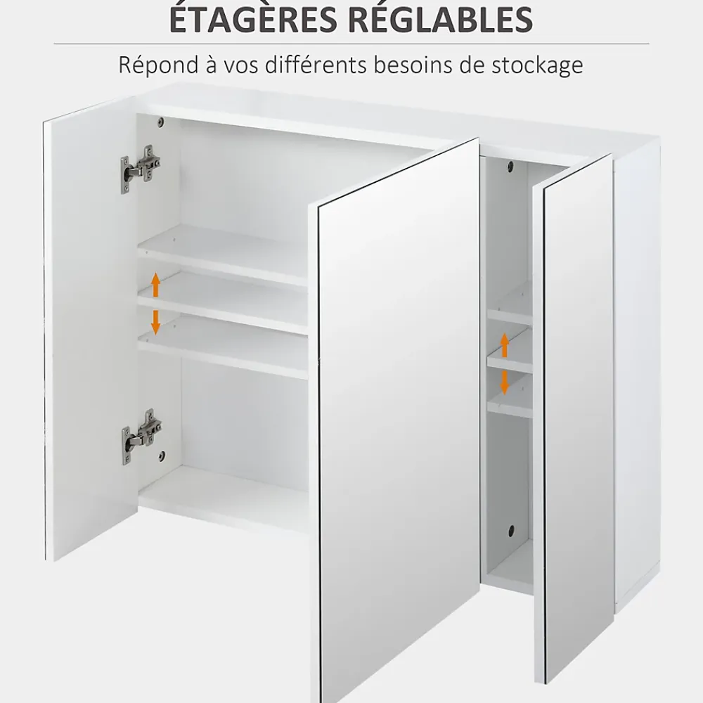 Armoire De Toilette|kleankin Armoire miroir de salle de bain armoire murale 3 portes 2 étagères dim. 70L x 15l x 60H cm MDF blanc