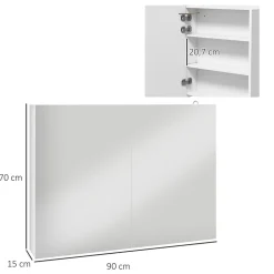 kleankin Armoire miroir LED de salle de bain - 2 portes, 2 étagères - tactile, lumière réglable - MDF blanc laqué verre