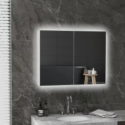kleankin Armoire miroir LED de salle de bain - 2 portes, 2 étagères - tactile, lumière réglable - MDF blanc laqué verre