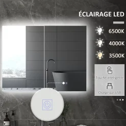 kleankin Armoire miroir LED de salle de bain - 2 portes, 2 étagères - tactile, lumière réglable - MDF blanc laqué verre
