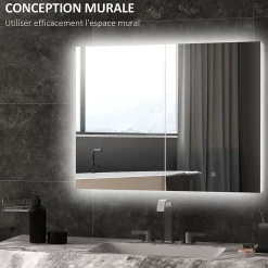 kleankin Armoire miroir LED de salle de bain - 2 portes, 2 étagères - tactile, lumière réglable - MDF blanc laqué verre