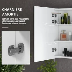 kleankin Armoire miroir LED de salle de bain - 2 portes, 2 étagères - tactile, lumière réglable - MDF blanc laqué verre