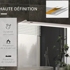 kleankin Armoire miroir LED de salle de bain - 2 portes, 2 étagères - tactile, lumière réglable - MDF blanc laqué verre