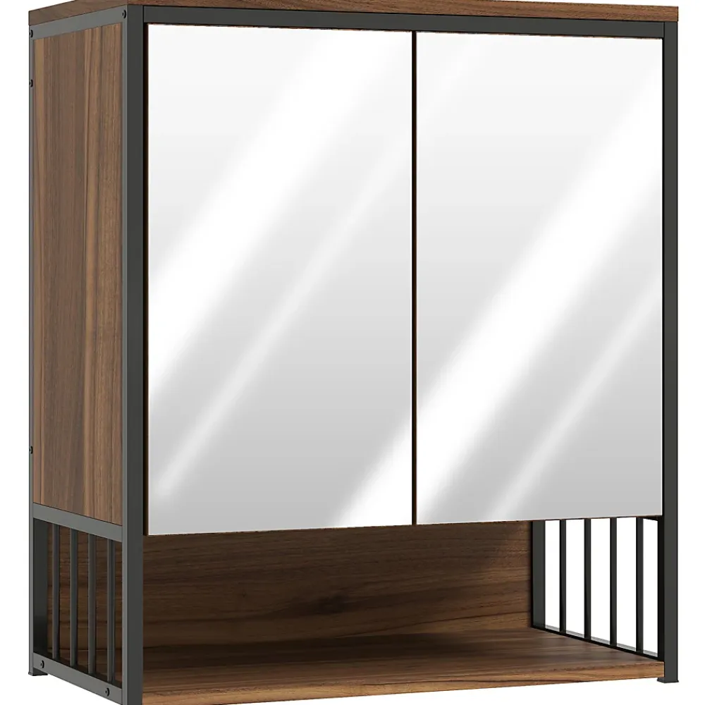 Homcom Armoire miroir murale salle de bain 2 portes design - étagère, niche - métal noir effet bois noyer