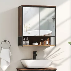 Homcom Armoire miroir murale salle de bain 2 portes design - étagère, niche - métal noir effet bois noyer