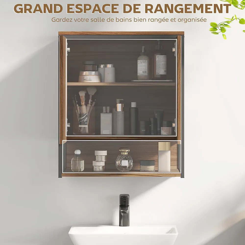 Homcom Armoire miroir murale salle de bain 2 portes design - étagère, niche - métal noir effet bois noyer