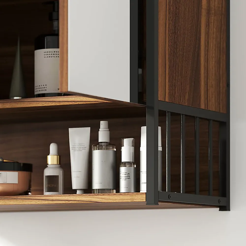 Homcom Armoire miroir murale salle de bain 2 portes design - étagère, niche - métal noir effet bois noyer