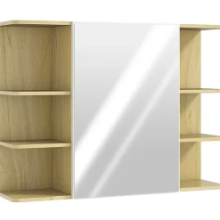 Homcom Armoire miroir murale salle de bain - porte, étagère, 2x3 tablettes latérales - 80 x 20 x 59 cm - effet bois clair