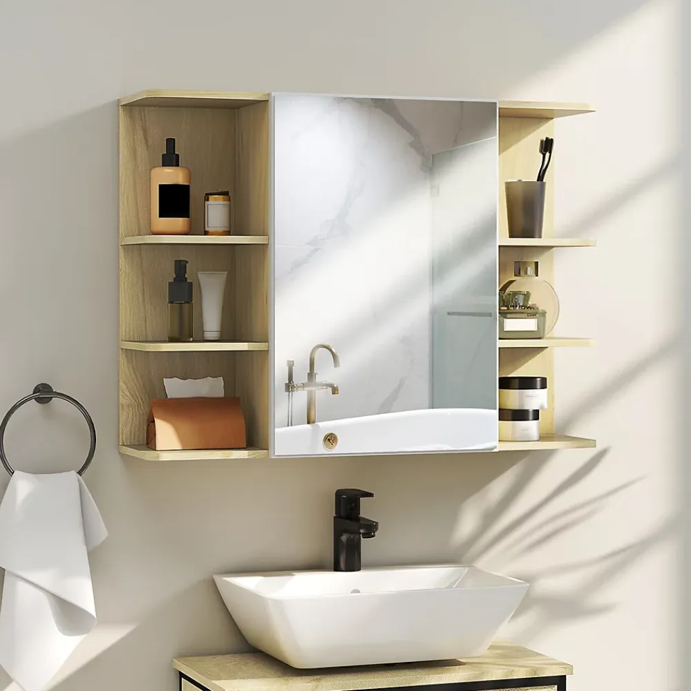 Homcom Armoire miroir murale salle de bain - porte, étagère, 2x3 tablettes latérales - 80 x 20 x 59 cm - effet bois clair