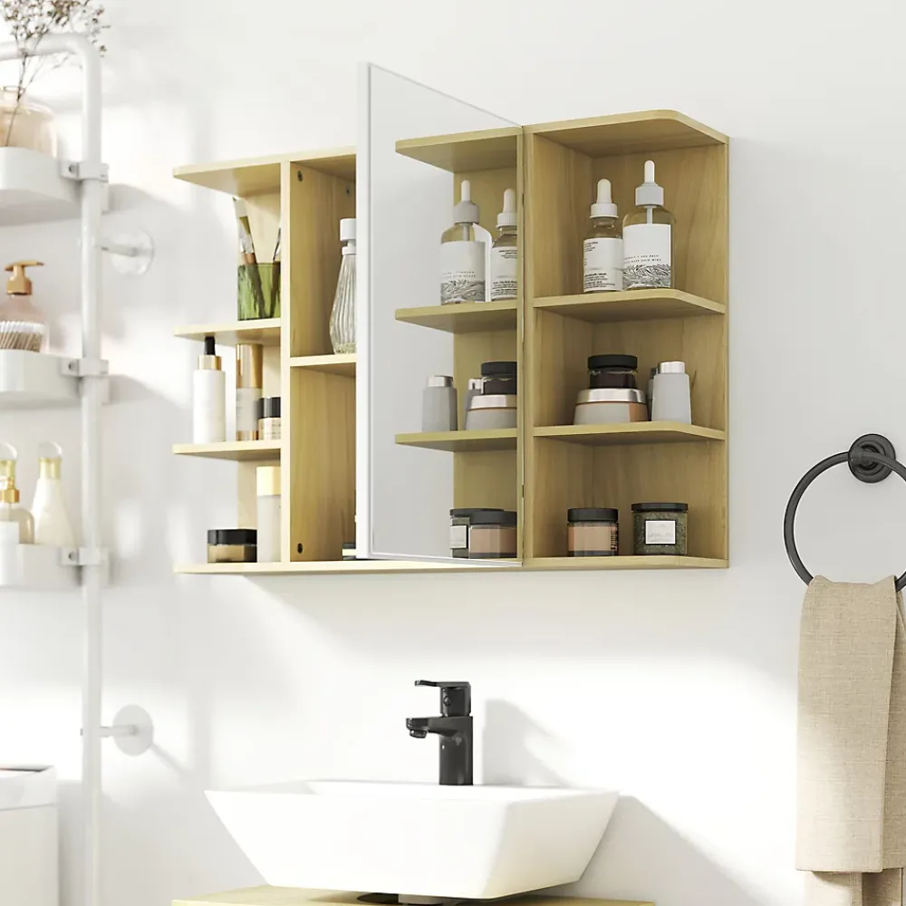 Homcom Armoire miroir murale salle de bain - porte, étagère, 2x3 tablettes latérales - 80 x 20 x 59 cm - effet bois clair