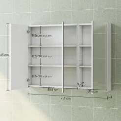 Armoire De Toilette|Homcom Armoire miroir murale salle de bain design 3 portes 4 étagères 91 x 11 x 65 cm blanc