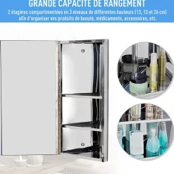 Homcom Armoire miroir salle de bain armoire de toilette murale meuble d'angle 2 étagères dim. 30L x 18,4l x 60H cm acier inox.