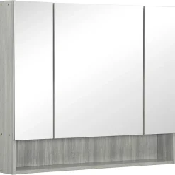 kleankin Armoire miroir salle de bain 3 portes 5 étagères, niche - 90 x 15 x 75 cm - effet bois gris