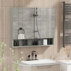 kleankin Armoire miroir salle de bain 3 portes 5 étagères, niche - 90 x 15 x 75 cm - effet bois gris