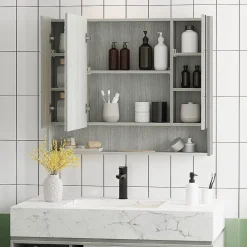 kleankin Armoire miroir salle de bain 3 portes 5 étagères, niche - 90 x 15 x 75 cm - effet bois gris